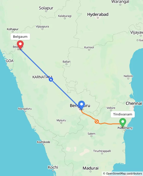Route map showing distance and travel time from Tindivanam, India to Belgaum, India