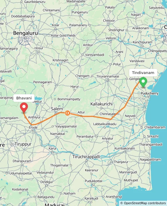 Route map showing distance and travel time from Tindivanam, India to Bhavani, India