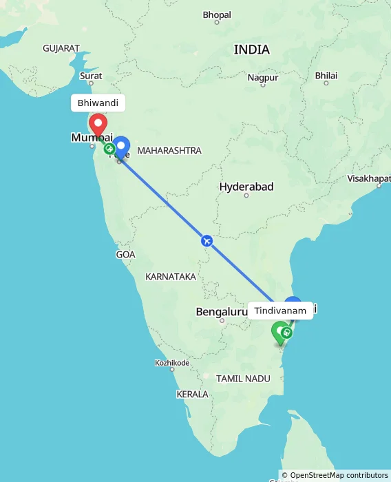 Route map showing distance and travel time from Tindivanam, India to Bhiwandi, India