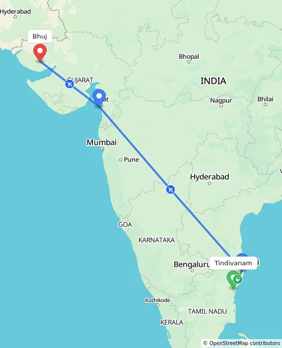 Route map showing distance and travel time from Tindivanam, India to Bhuj, India