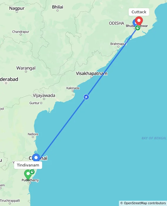 Route map showing distance and travel time from Tindivanam, India to Cuttack, India