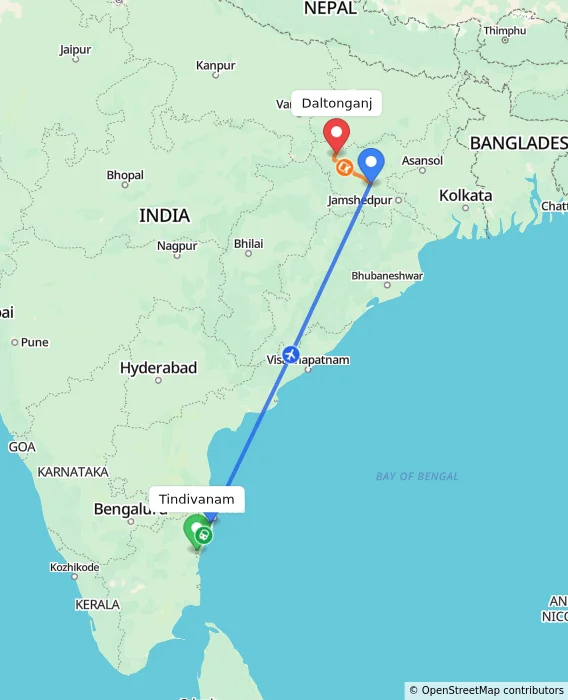 Route map showing distance and travel time from Tindivanam, India to Daltonganj, India