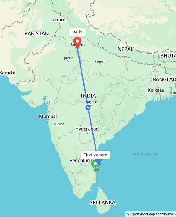 Route map showing distance and travel time from Tindivanam, India to Delhi, India