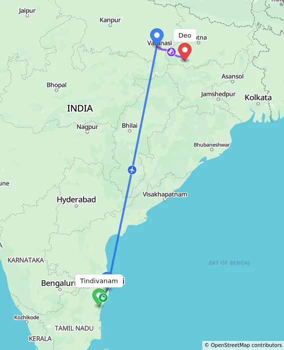 Route map showing distance and travel time from Tindivanam, India to Deo, India