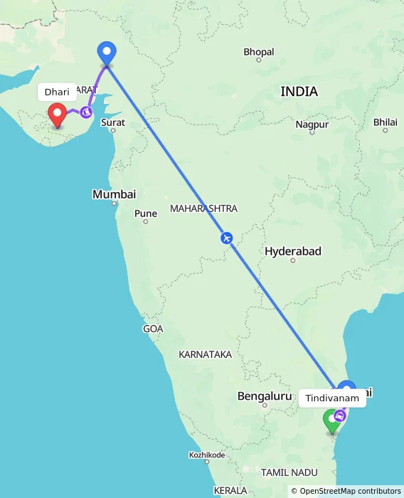 Route map showing distance and travel time from Tindivanam, India to Dhari, India