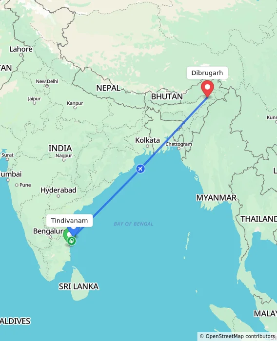 Route map showing distance and travel time from Tindivanam, India to Dibrugarh, India
