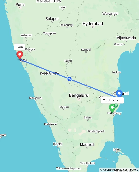 Route map showing distance and travel time from Tindivanam, India to Goa, India