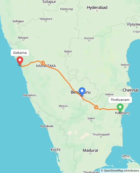 Route map showing distance and travel time from Tindivanam, India to Gokarna, India