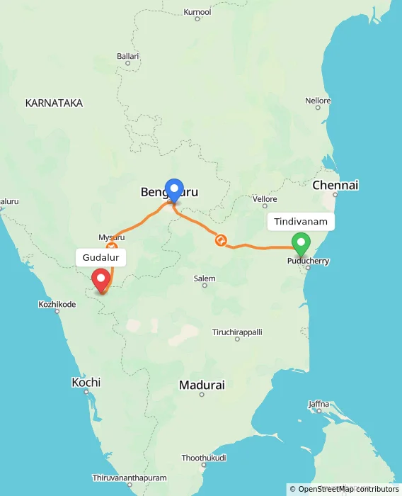 Route map showing distance and travel time from Tindivanam, India to Gudalur, India