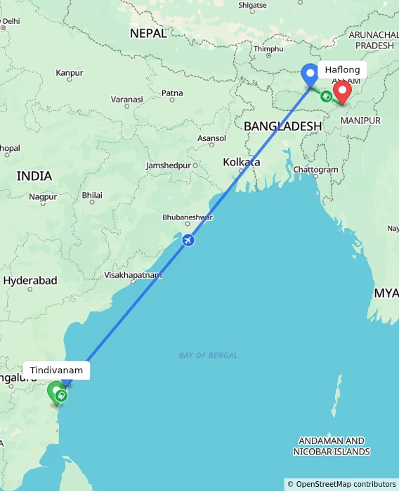Route map showing distance and travel time from Tindivanam, India to Haflong, India