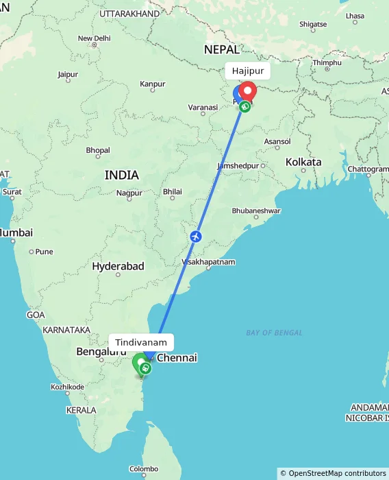 Route map showing distance and travel time from Tindivanam, India to Hajipur, India