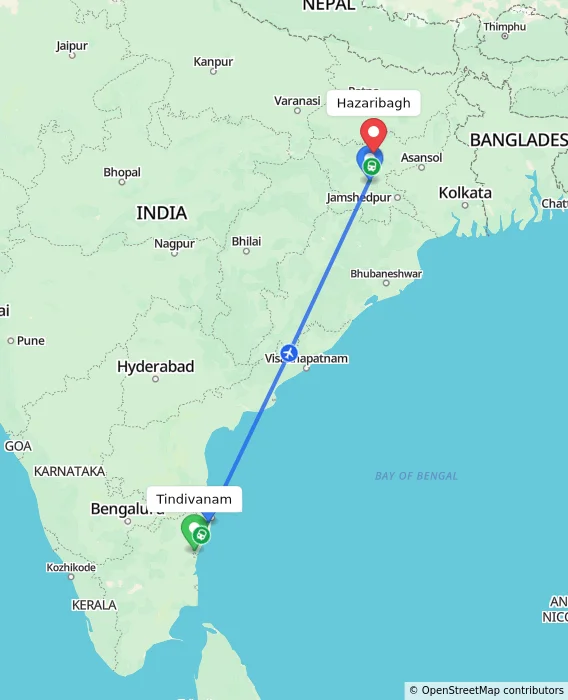 Route map showing distance and travel time from Tindivanam, India to Hazaribagh, India