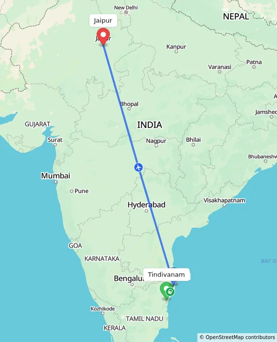Route map showing distance and travel time from Tindivanam, India to Jaipur, India