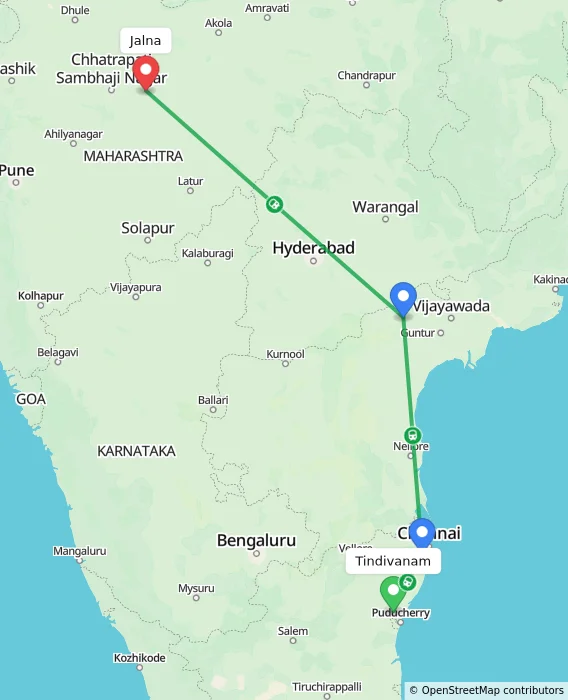Route map showing distance and travel time from Tindivanam, India to Jalna, India
