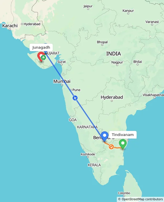 Route map showing distance and travel time from Tindivanam, India to Junagadh, India