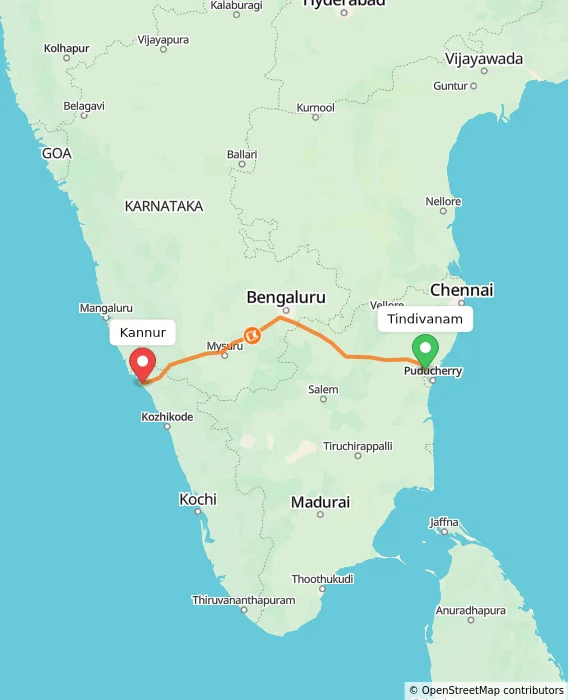 Route map showing distance and travel time from Tindivanam, India to Kannur, India