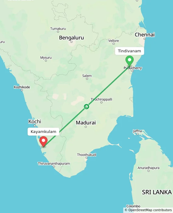 Route map showing distance and travel time from Tindivanam, India to Kayamkulam, India