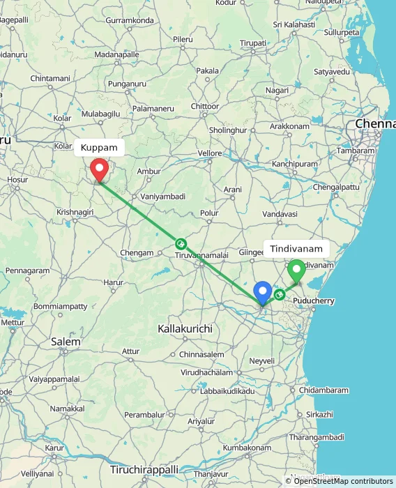 Route map showing distance and travel time from Tindivanam, India to Kuppam, India