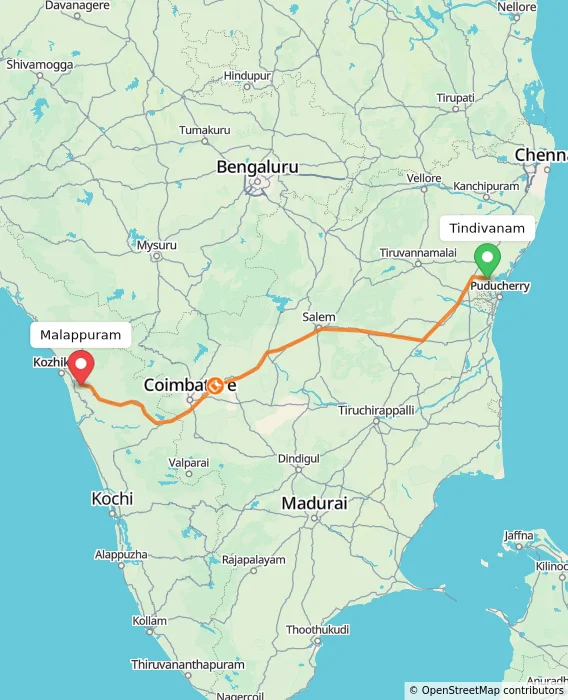 Route map showing distance and travel time from Tindivanam, India to Malappuram, India