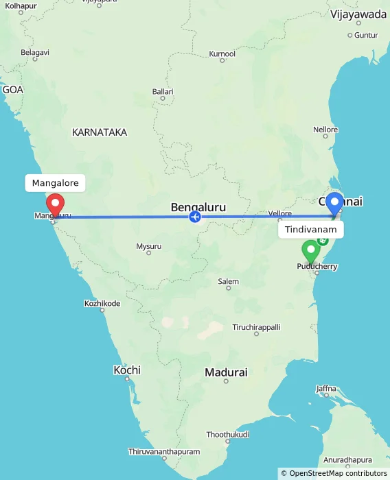Route map showing distance and travel time from Tindivanam, India to Mangalore, India