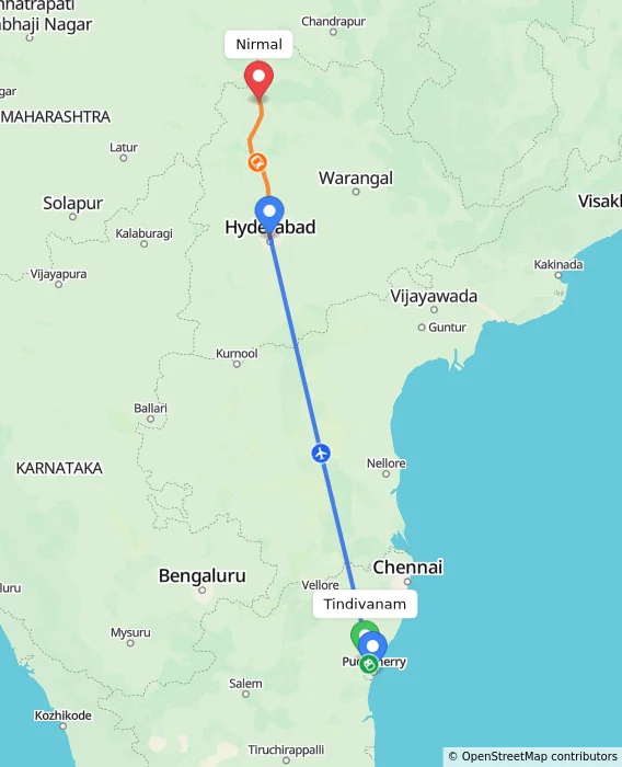 Route map showing distance and travel time from Tindivanam, India to Nirmal, India
