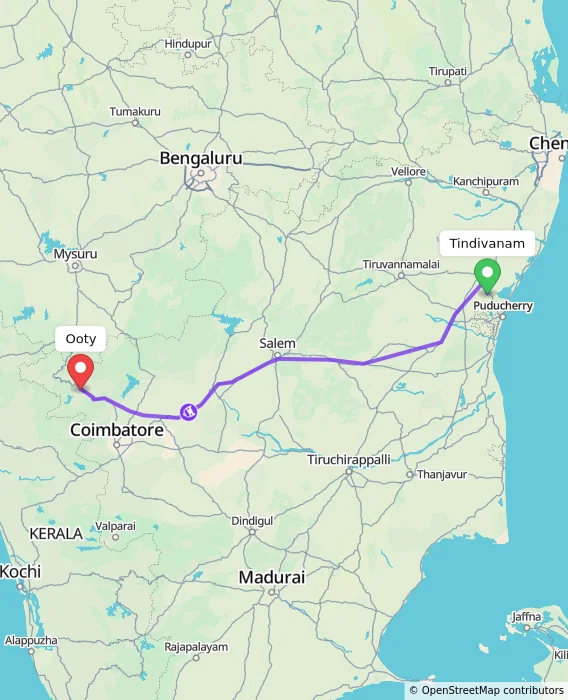 Route map showing distance and travel time from Tindivanam, India to Ooty, India