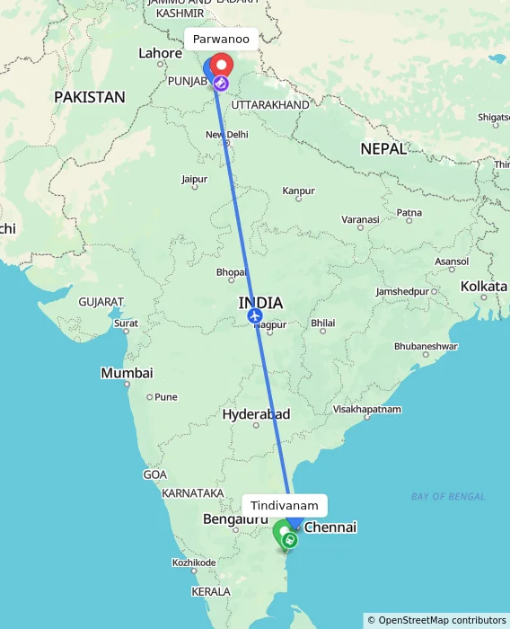 Route map showing distance and travel time from Tindivanam, India to Parwanoo, India