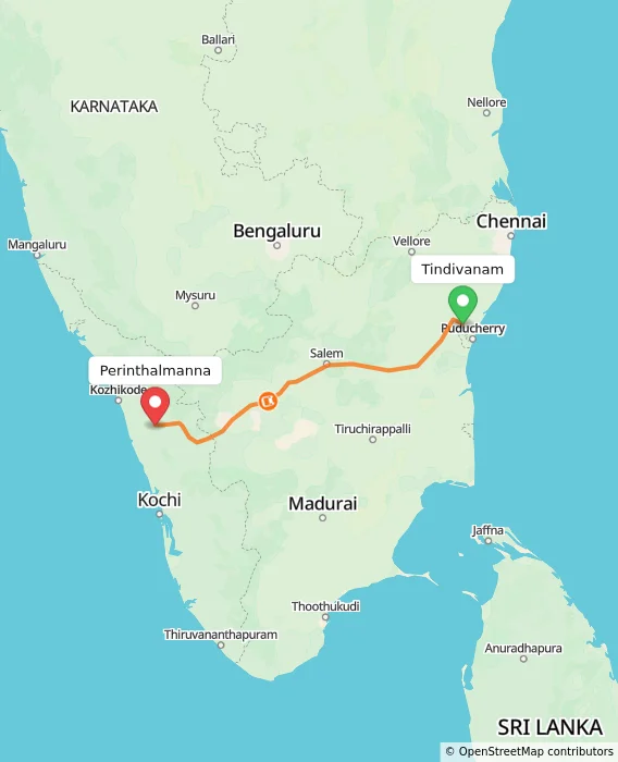 Route map showing distance and travel time from Tindivanam, India to Perinthalmanna, India
