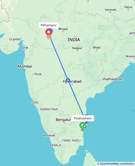 Route map showing distance and travel time from Tindivanam, India to Pithampur, India