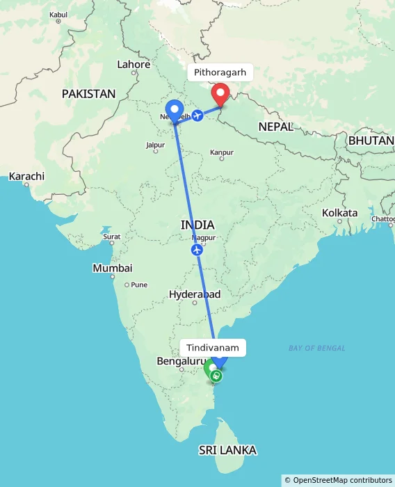 Route map showing distance and travel time from Tindivanam, India to Pithoragarh, India
