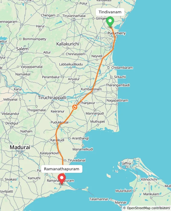 Route map showing distance and travel time from Tindivanam, India to Ramanathapuram, India