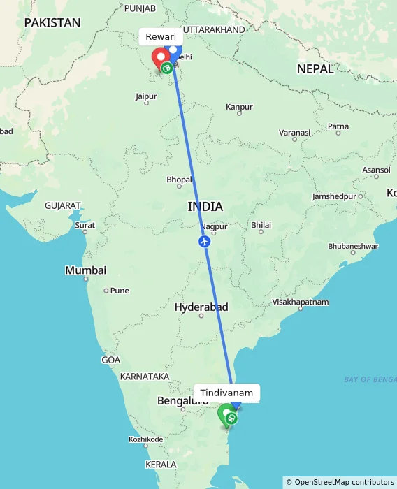 Route map showing distance and travel time from Tindivanam, India to Rewari, India