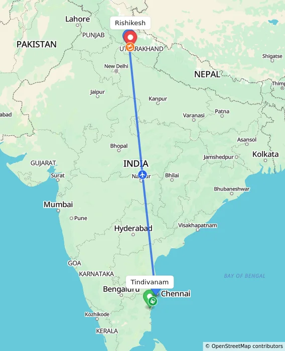 Route map showing distance and travel time from Tindivanam, India to Rishikesh, India