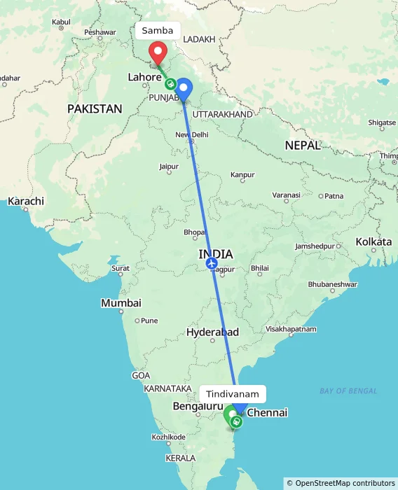 Route map showing distance and travel time from Tindivanam, India to Samba, India