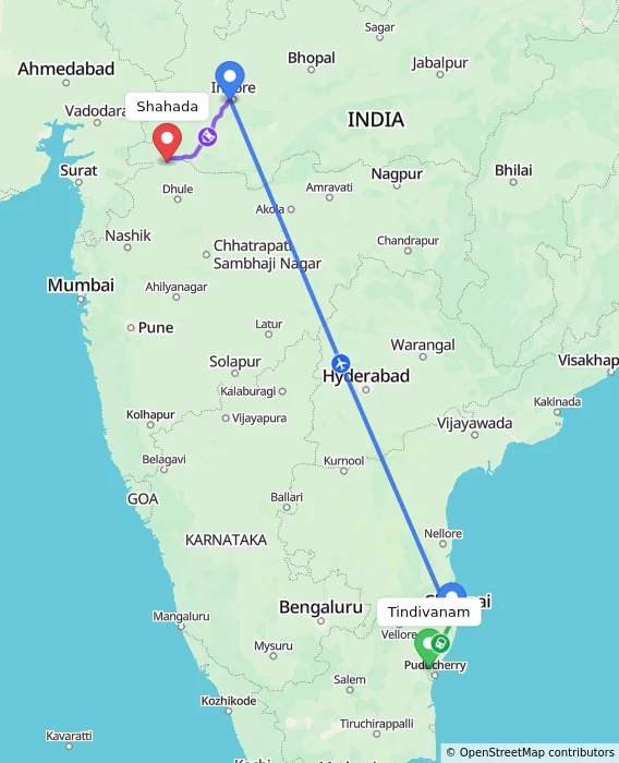 Route map showing distance and travel time from Tindivanam, India to Shahada, India