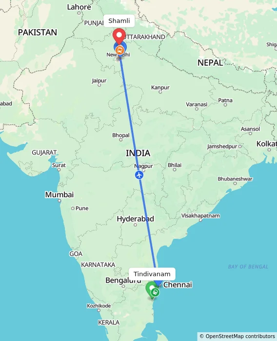 Route map showing distance and travel time from Tindivanam, India to Shamli, India