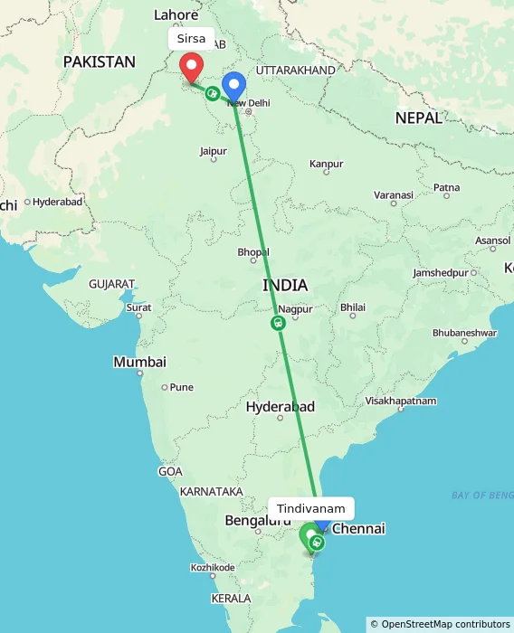 Route map showing distance and travel time from Tindivanam, India to Sirsa, India