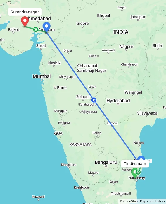 Route map showing distance and travel time from Tindivanam, India to Surendranagar, India