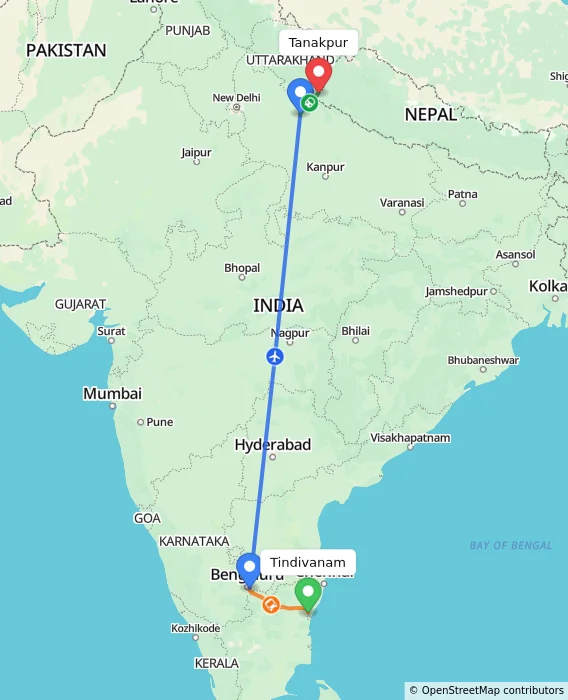 Route map showing distance and travel time from Tindivanam, India to Tanakpur, India