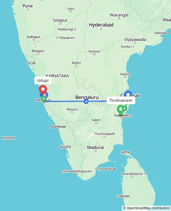 Route map showing distance and travel time from Tindivanam, India to Udupi, India