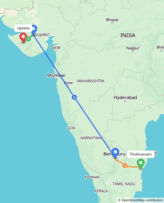 Route map showing distance and travel time from Tindivanam, India to Upleta, India