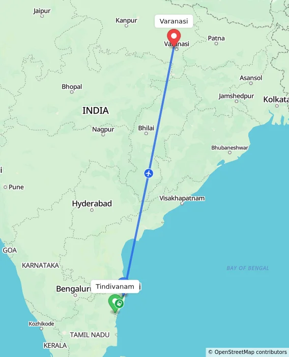 Route map showing distance and travel time from Tindivanam, India to Varanasi, India