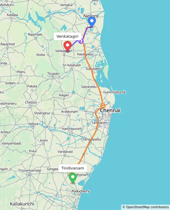 Route map showing distance and travel time from Tindivanam, India to Venkatagiri, India