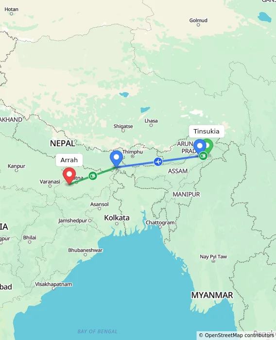 Route map showing distance and travel time from Tinsukia, India to Arrah, India