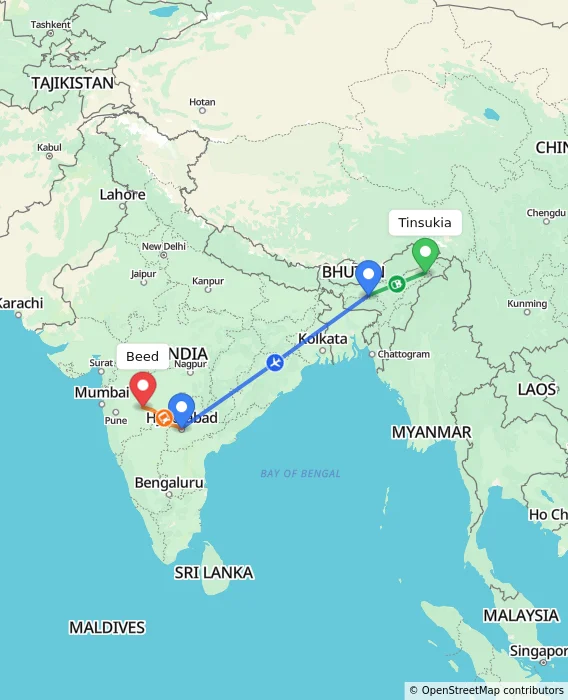 Route map showing distance and travel time from Tinsukia, India to Beed, India