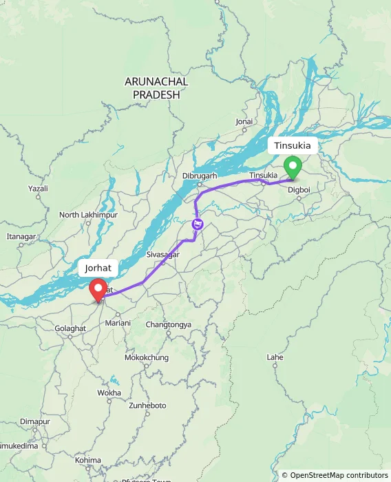 Route map showing distance and travel time from Tinsukia, India to Jorhat, India
