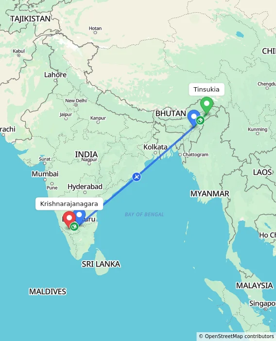 Route map showing distance and travel time from Tinsukia, India to Krishnarajanagara, India