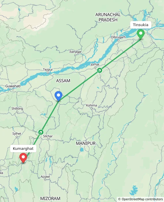 Route map showing distance and travel time from Tinsukia, India to Kumarghat, India