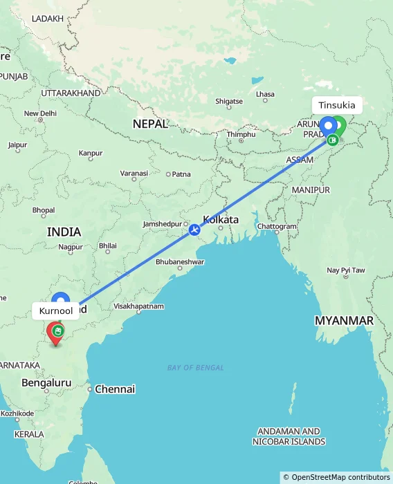 Route map showing distance and travel time from Tinsukia, India to Kurnool, India