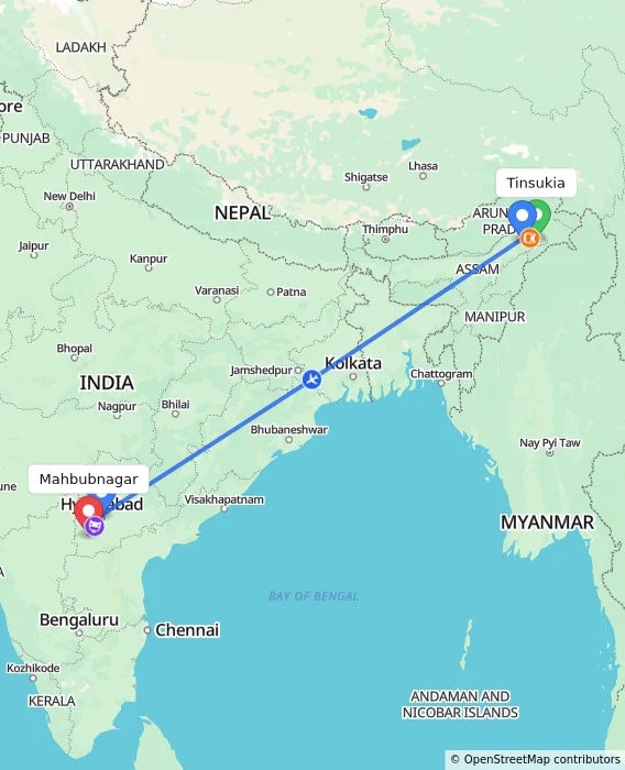 Route map showing distance and travel time from Tinsukia, India to Mahbubnagar, India
